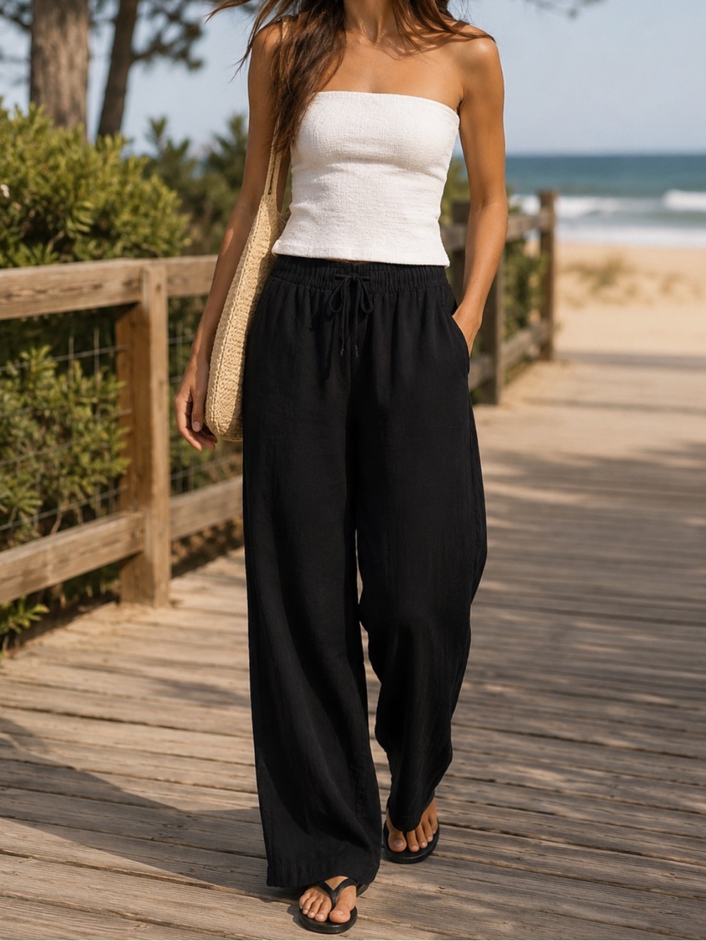 H&M Black Wide-Leg Drawstring Casual Pants